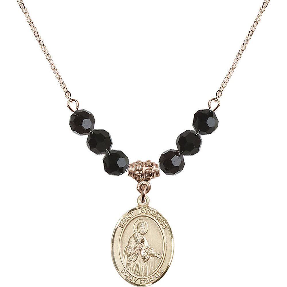 14kt Gold Filled Saint Remigius of Reims Birthstone Necklace with Jet Beads - 8274