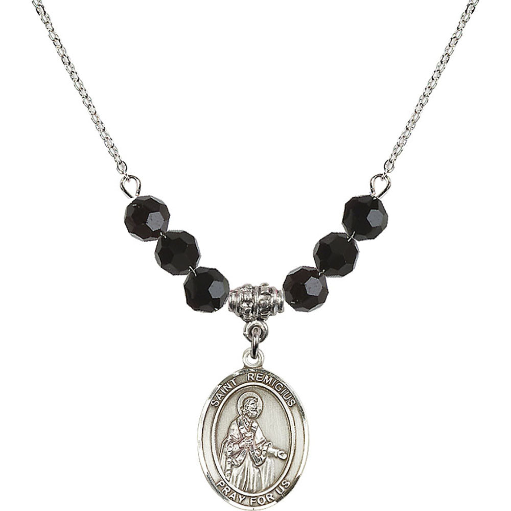 Sterling Silver Saint Remigius of Reims Birthstone Necklace with Jet Beads - 8274