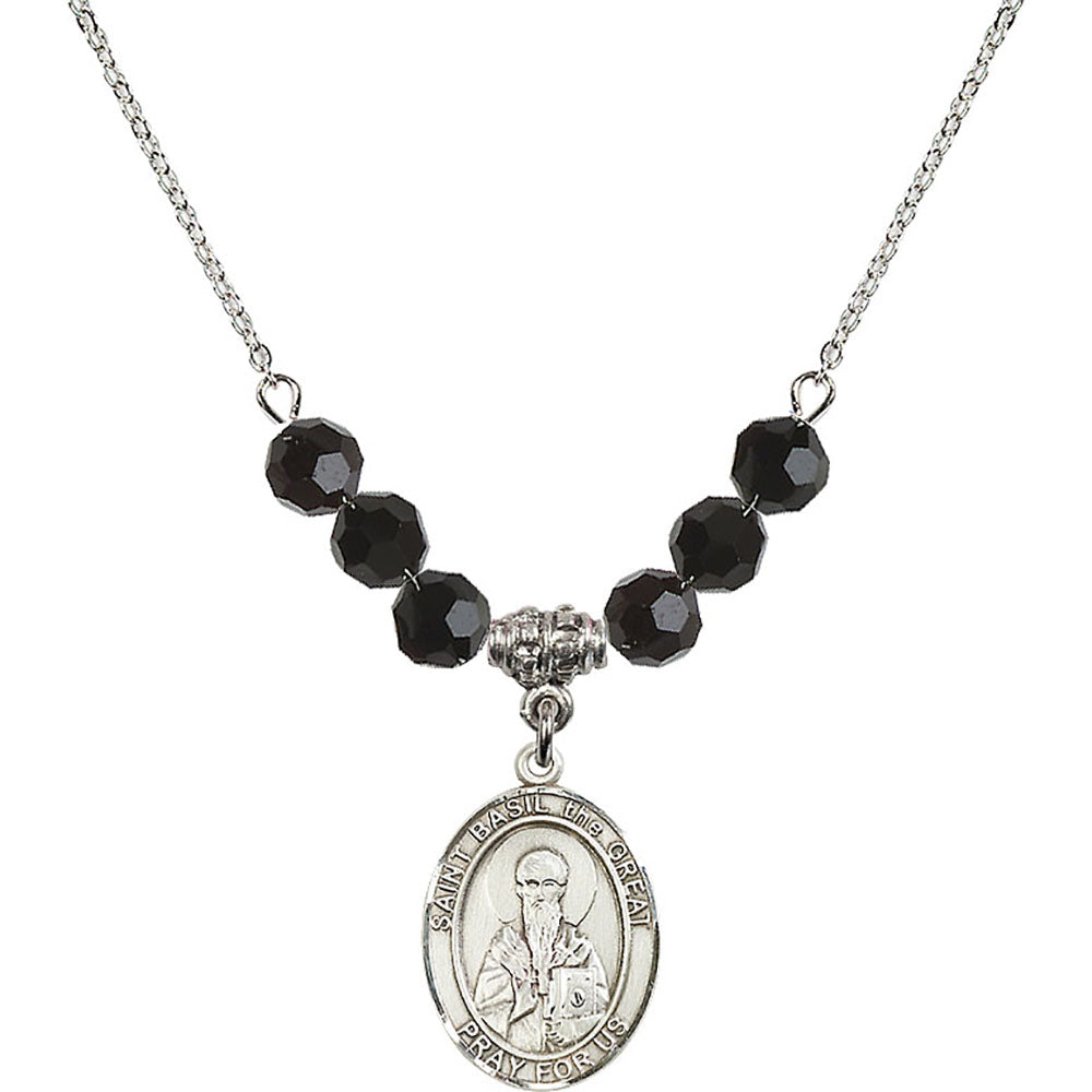 Sterling Silver Saint Basil the Great Birthstone Necklace with Jet Beads - 8275