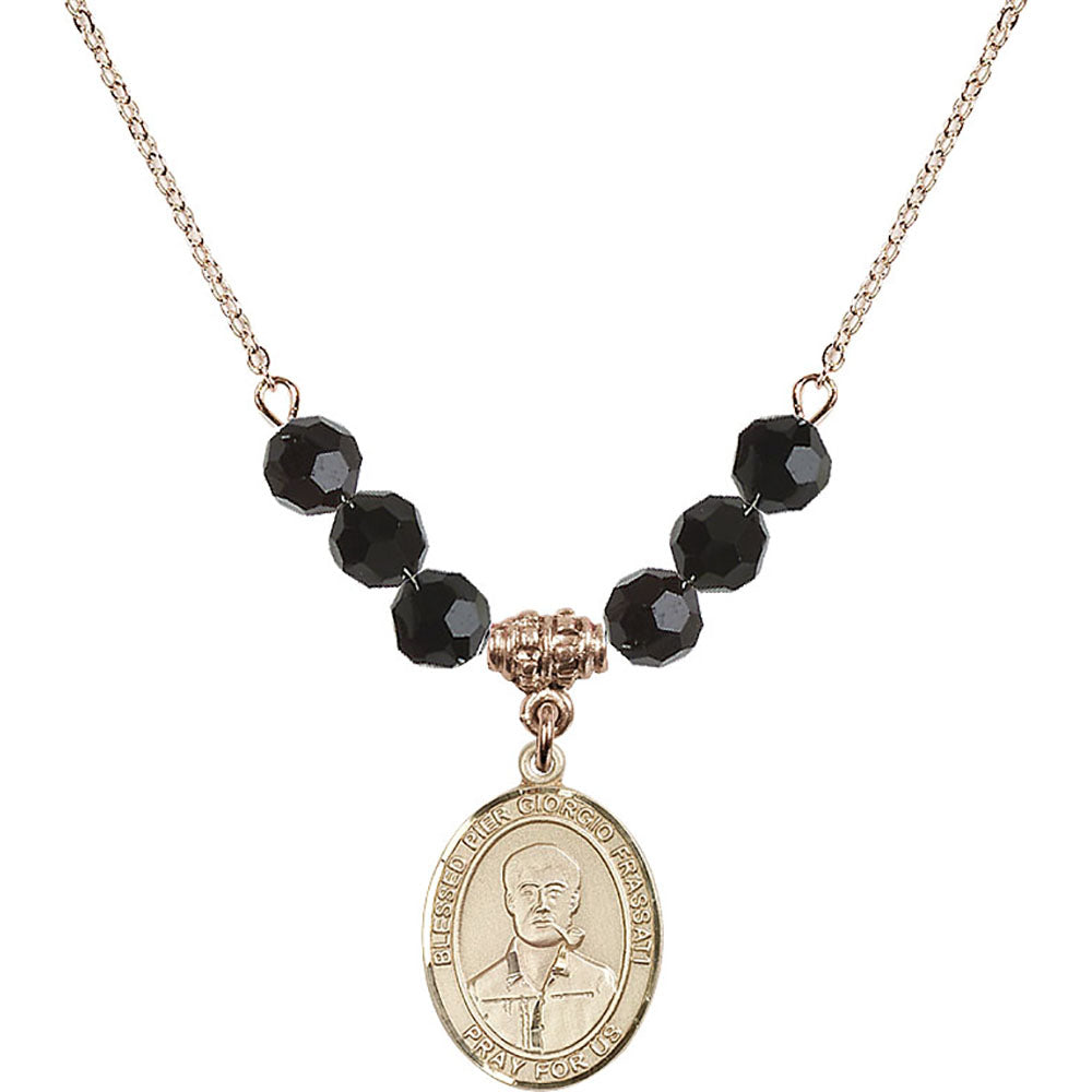 14kt Gold Filled Blessed Pier Giorgio Frassati Birthstone Necklace with Jet Beads - 8278