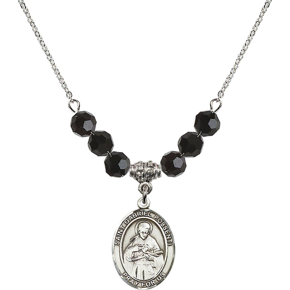 Sterling Silver Saint Gabriel Possenti Birthstone Necklace with Jet Beads - 8279