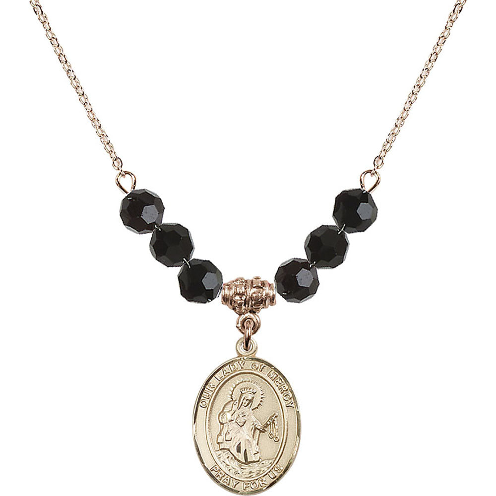 14kt Gold Filled Our Lady of Mercy Birthstone Necklace with Jet Beads - 8289