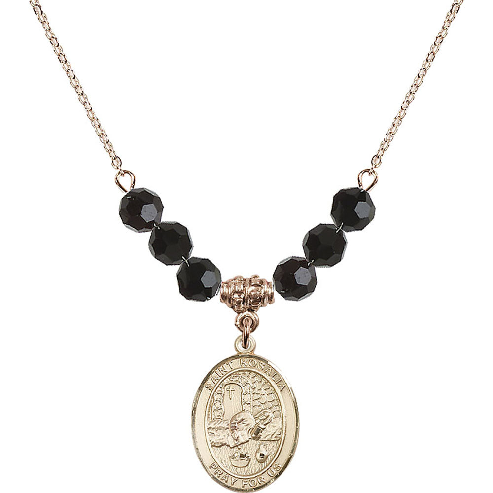 14kt Gold Filled Saint Rosalia Birthstone Necklace with Jet Beads - 8309
