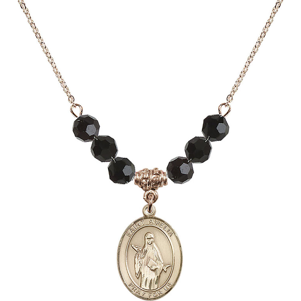 14kt Gold Filled Saint Amelia Birthstone Necklace with Jet Beads - 8313