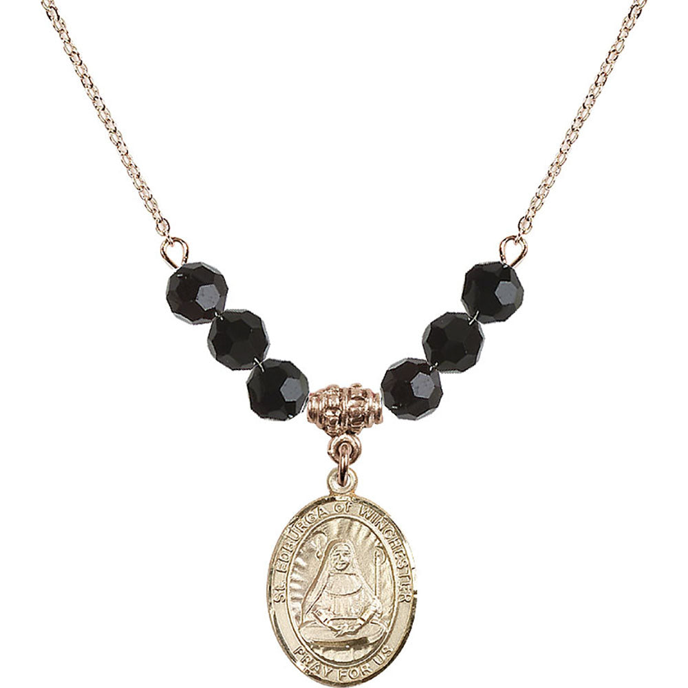14kt Gold Filled Saint Edburga of Winchester Birthstone Necklace with Jet Beads - 8324