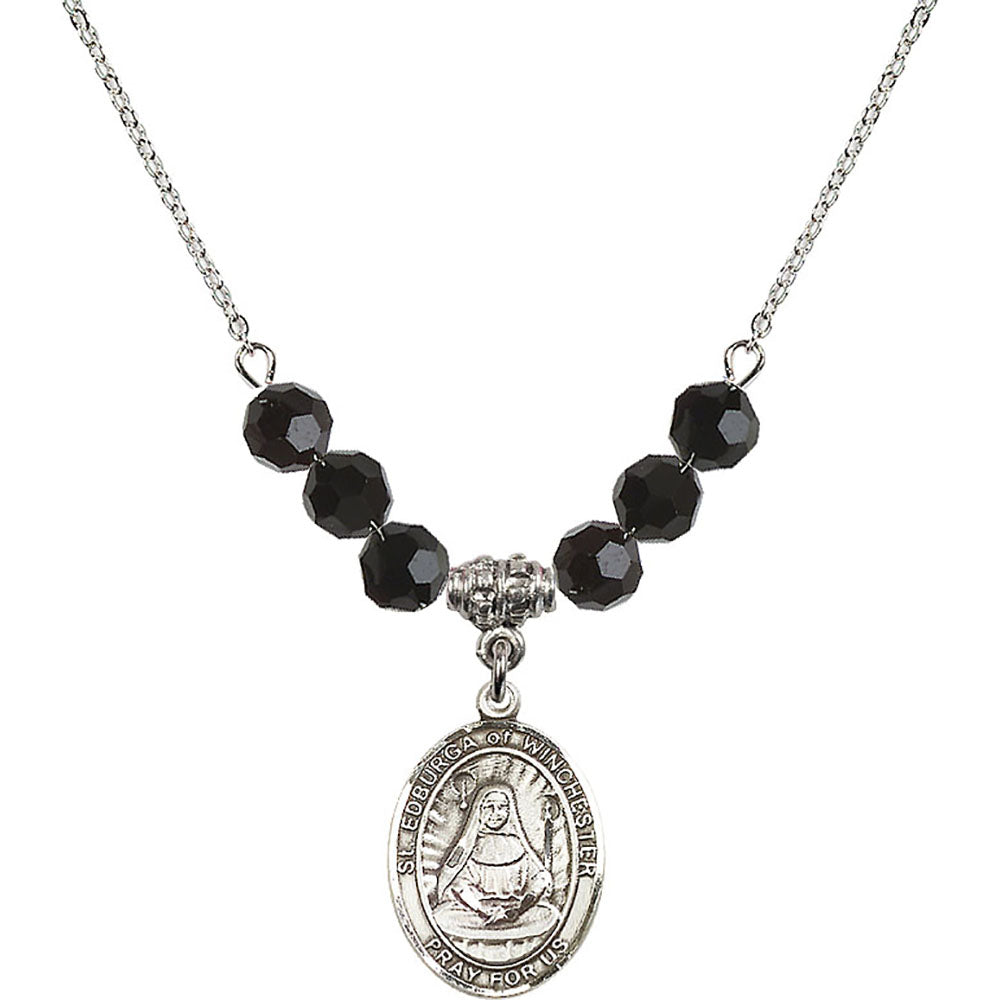 Sterling Silver Saint Edburga of Winchester Birthstone Necklace with Jet Beads - 8324
