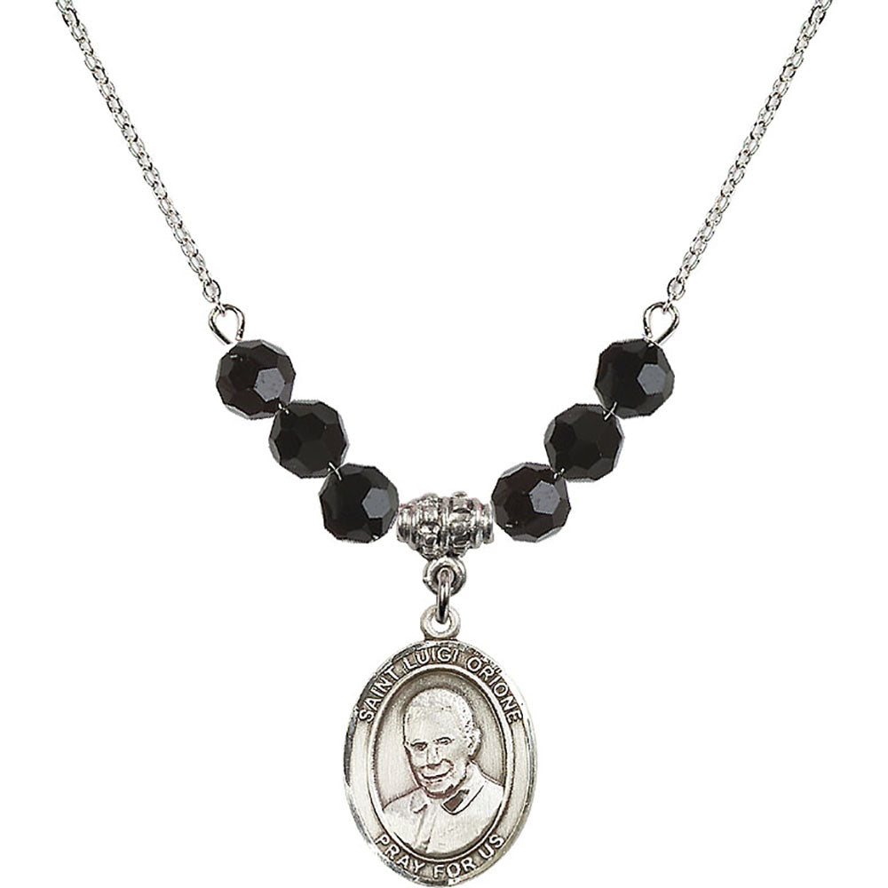 Sterling Silver Saint Luigi Orione Birthstone Necklace with Jet Beads - 8326