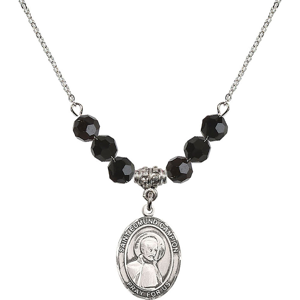 Sterling Silver Saint Edmund Campion Birthstone Necklace with Jet Beads - 8333