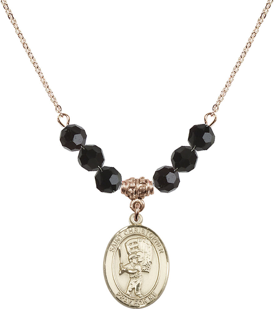14kt Gold Filled Saint Christopher/Baseball Birthstone Necklace with Jet Beads - 8500