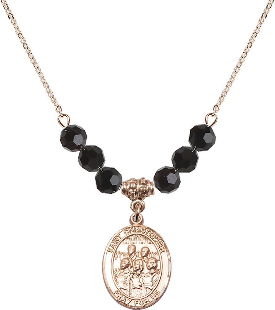 14kt Gold Filled Saint Christopher / Choir Birthstone Necklace with Jet Beads - 8514