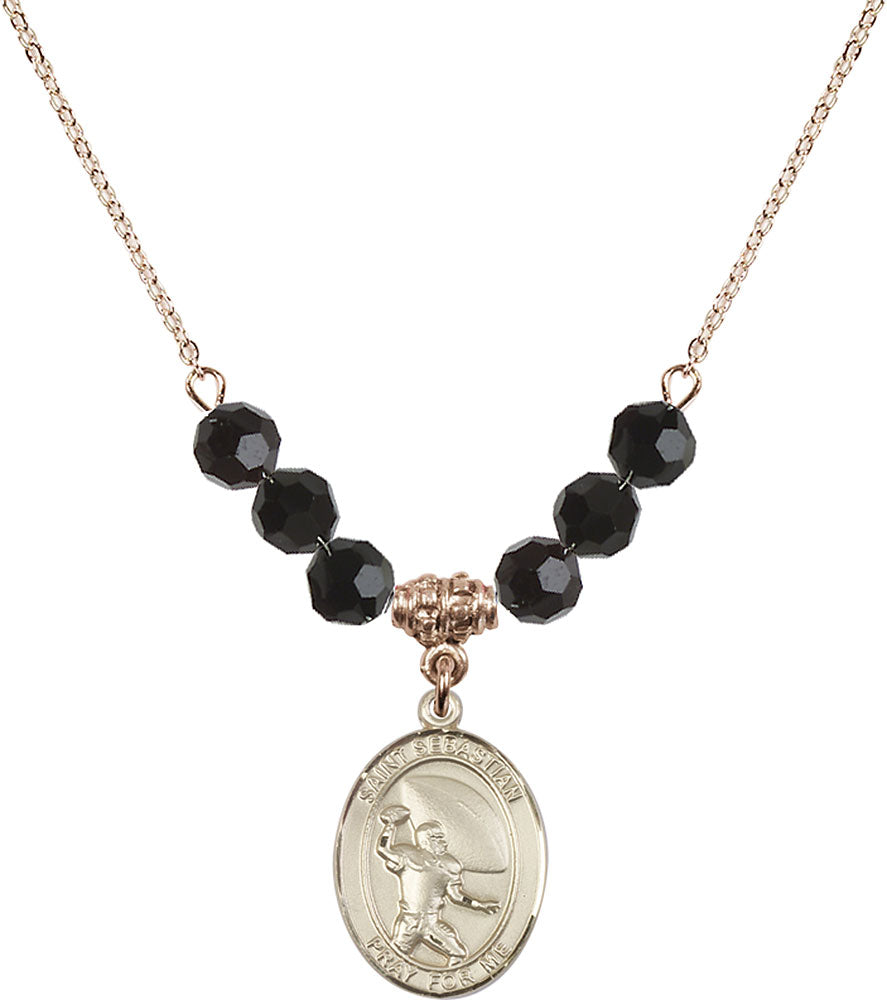 14kt Gold Filled Saint Sebastian / Football Birthstone Necklace with Jet Beads - 8601