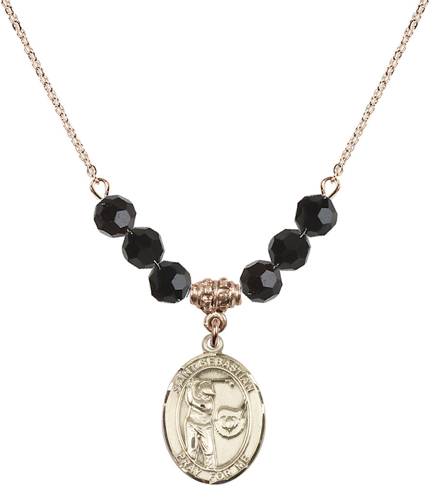 14kt Gold Filled Saint Sebastian / Golf Birthstone Necklace with Jet Beads - 8606