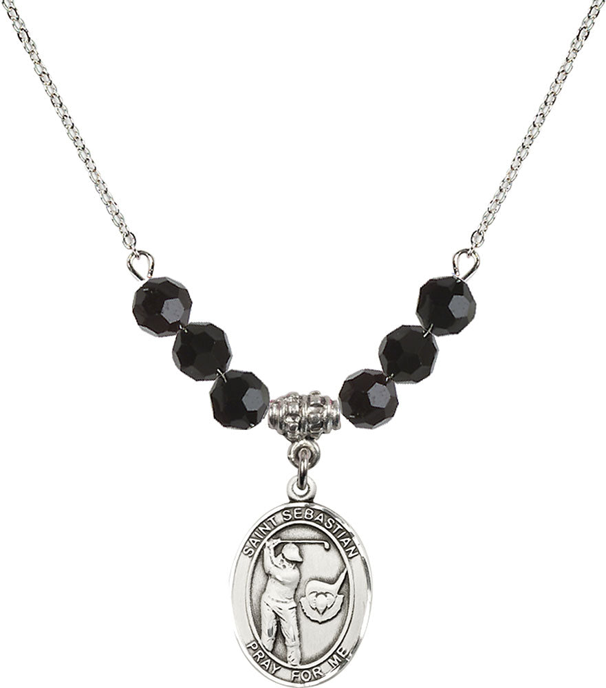 Sterling Silver Saint Sebastian / Golf Birthstone Necklace with Jet Beads - 8606
