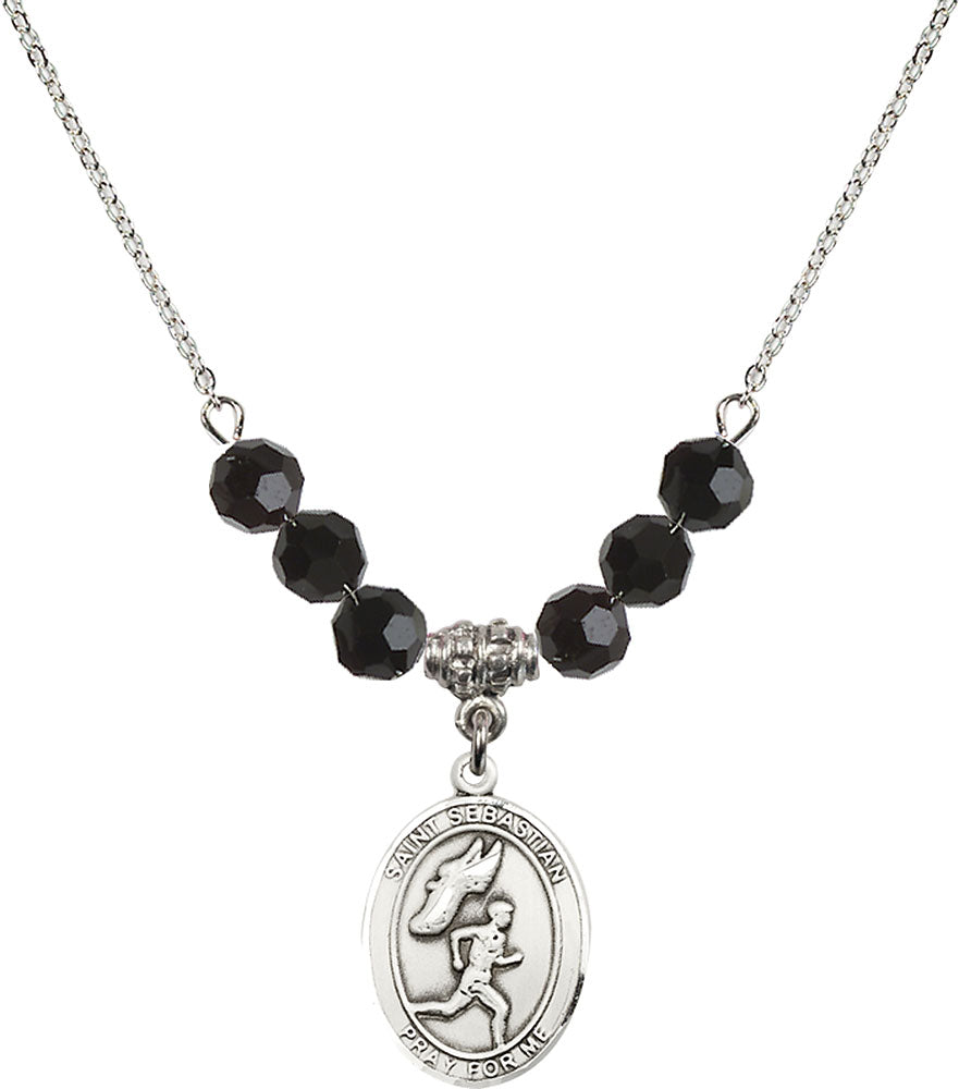 Sterling Silver Saint Sebastian /Track&Field-Men Birthstone Necklace with Jet Beads - 8609