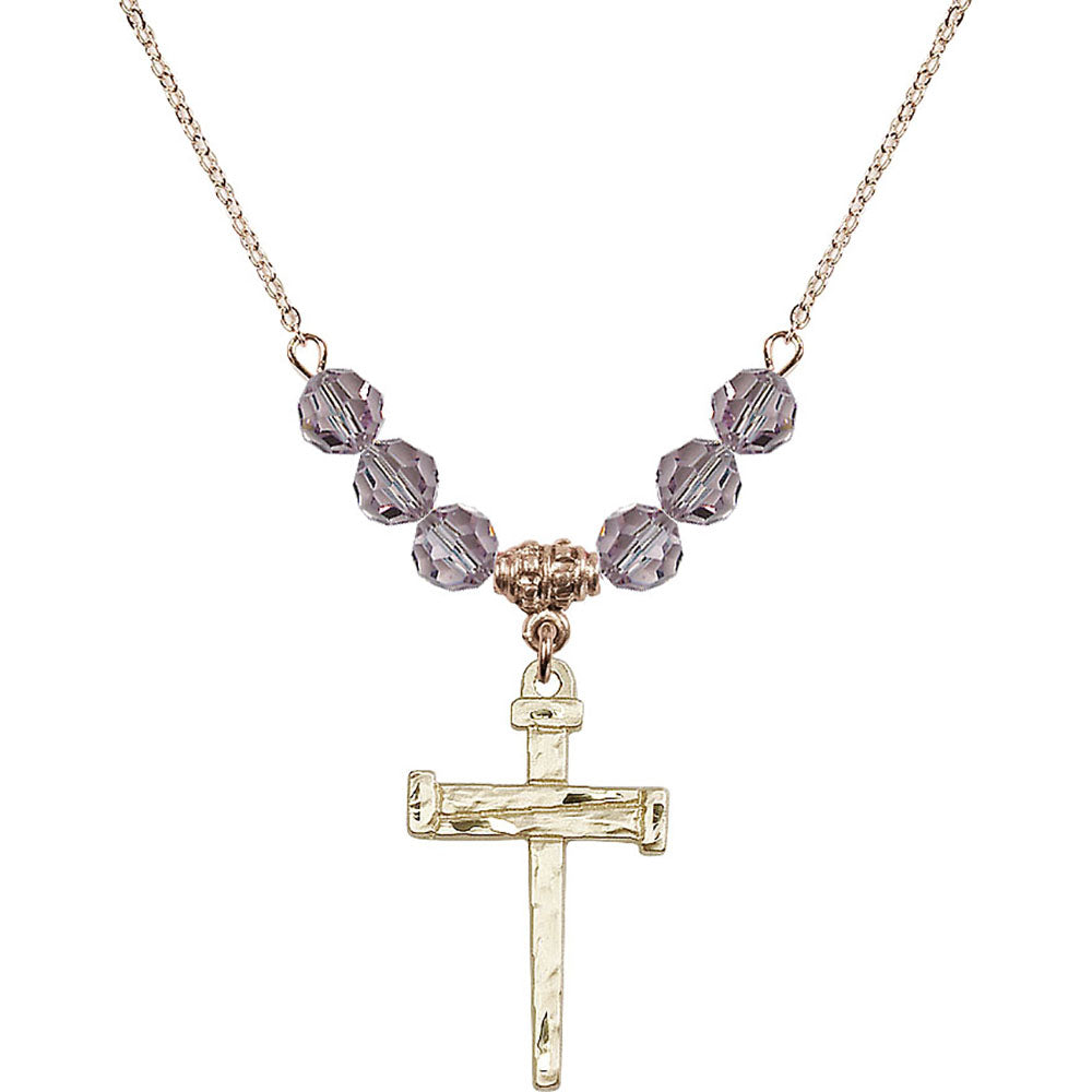 14kt Gold Filled Nail Cross Birthstone Necklace with Light Amethyst Beads - 0013