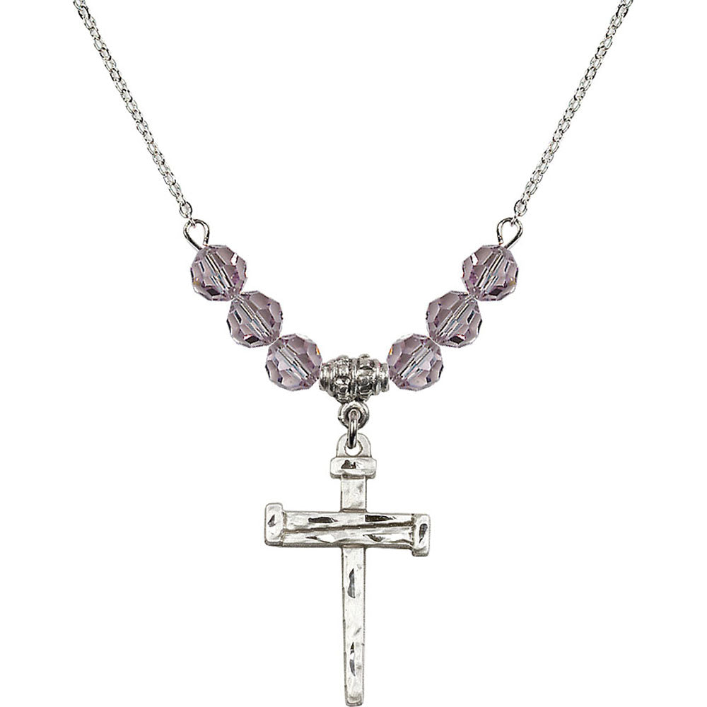 Sterling Silver Nail Cross Birthstone Necklace with Light Amethyst Beads - 0013