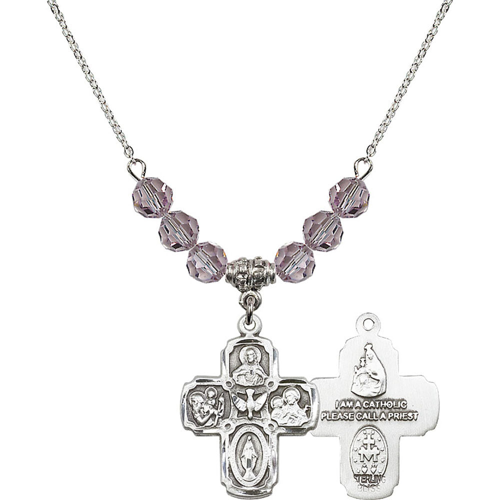 Sterling Silver 5-Way Birthstone Necklace with Light Amethyst Beads - 0041