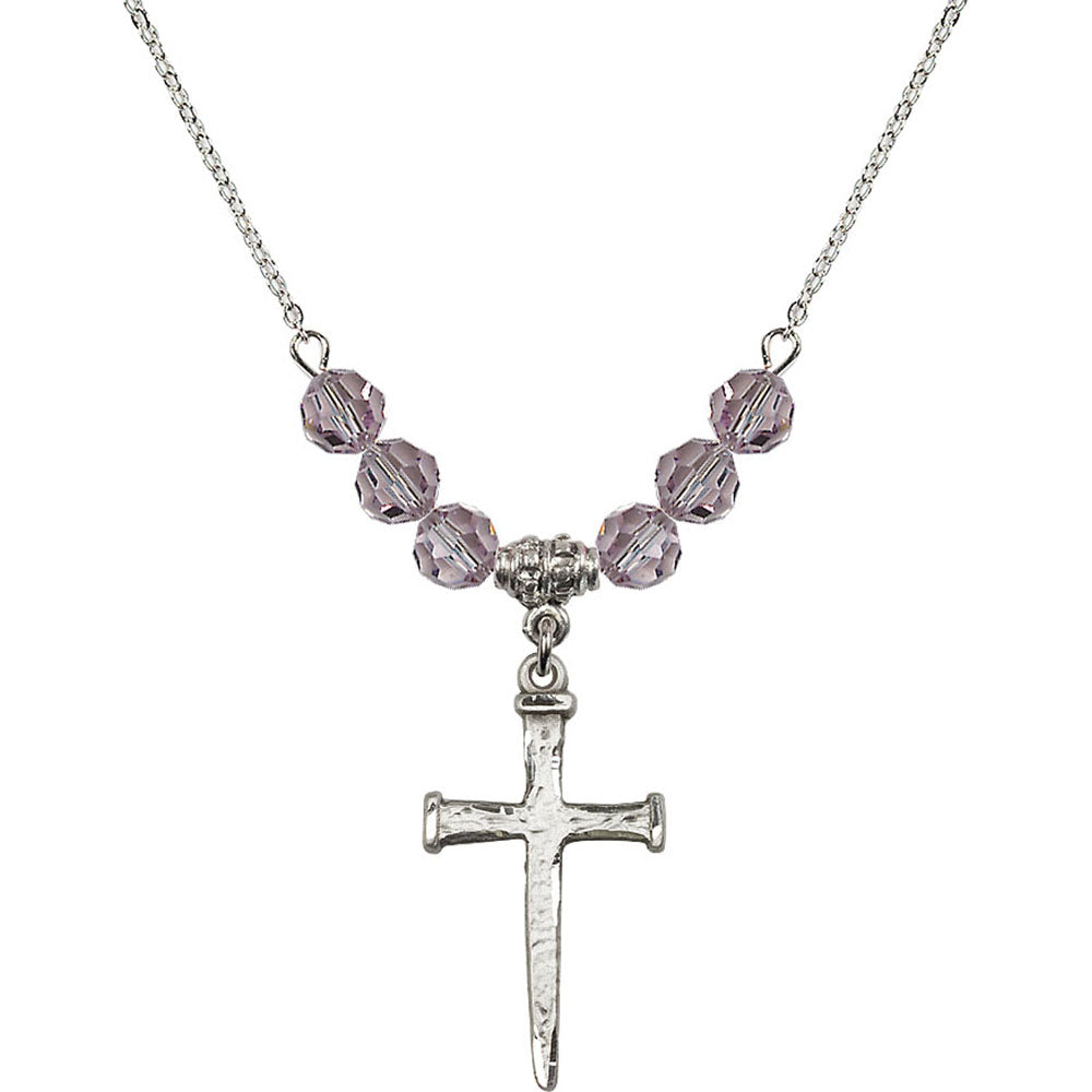 Sterling Silver Nail Cross Birthstone Necklace with Light Amethyst Beads - 0085