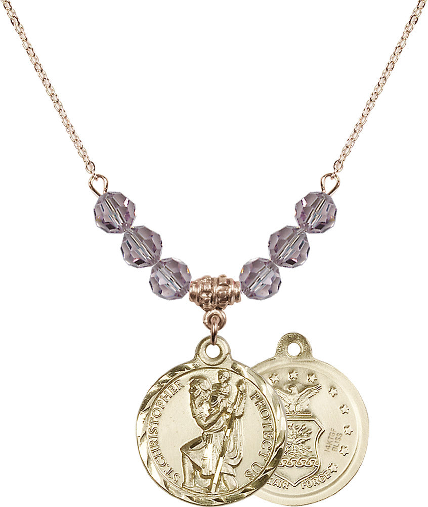 14kt Gold Filled Saint Christopher / Air Force Birthstone Necklace with Light Amethyst Beads - 0192