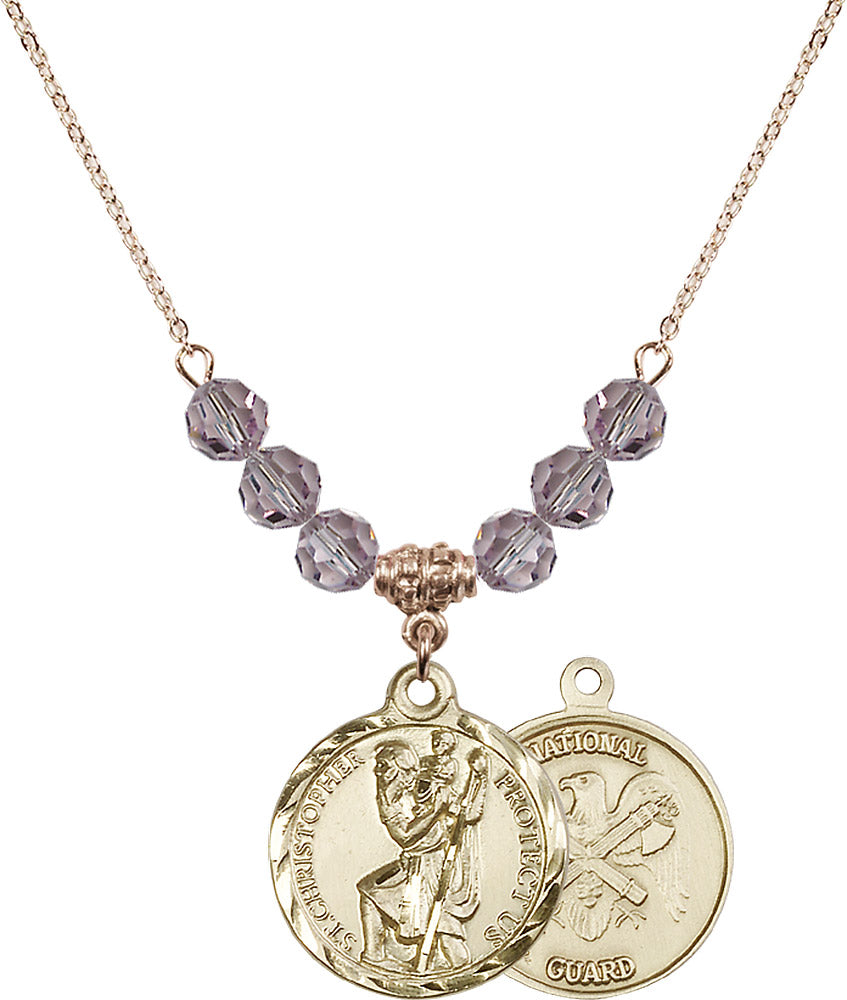 14kt Gold Filled Saint Christopher / Nat'l Guard Birthstone Necklace with Light Amethyst Beads - 0192