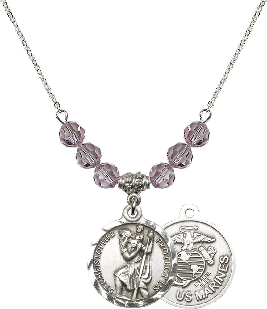 Sterling Silver Saint Christopher / Marines Birthstone Necklace with Light Amethyst Beads - 0192