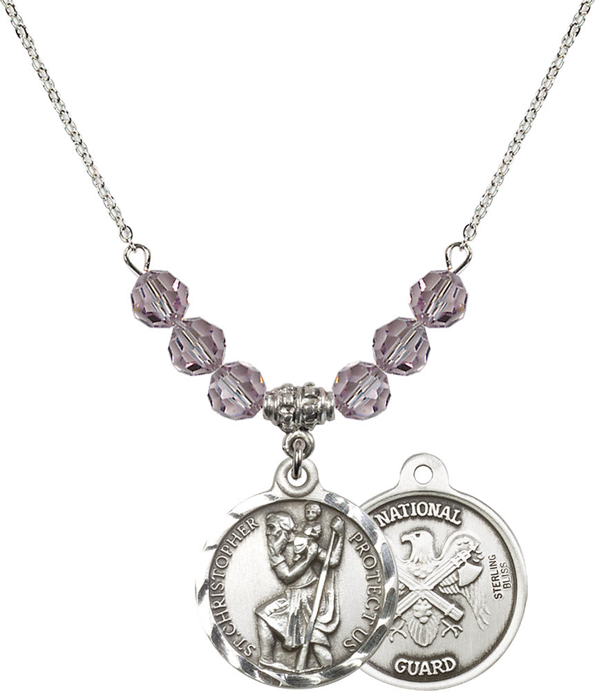 Sterling Silver Saint Christopher / Nat'l Guard Birthstone Necklace with Light Amethyst Beads - 0192