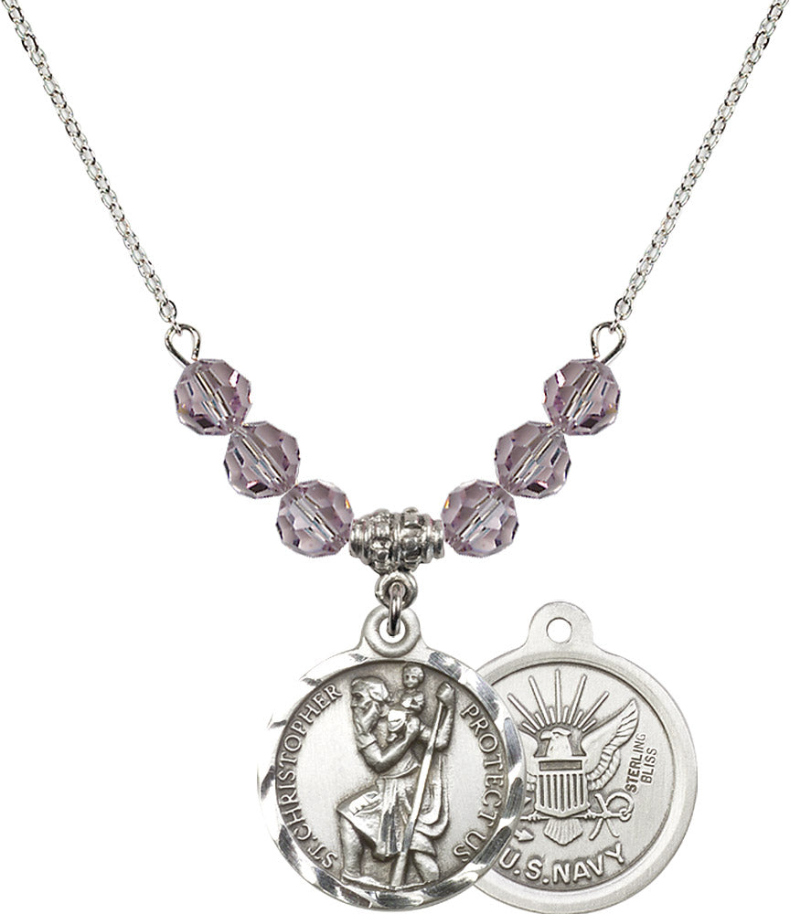 Sterling Silver Saint Christopher / Navy Birthstone Necklace with Light Amethyst Beads - 0192