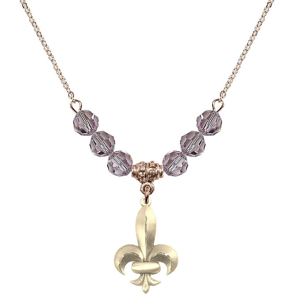 14kt Gold Filled Fleur de Lis Birthstone Necklace with Light Amethyst Beads - 0294