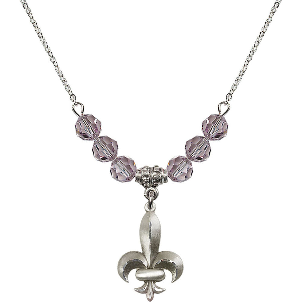 Sterling Silver Fleur de Lis Birthstone Necklace with Light Amethyst Beads - 0294