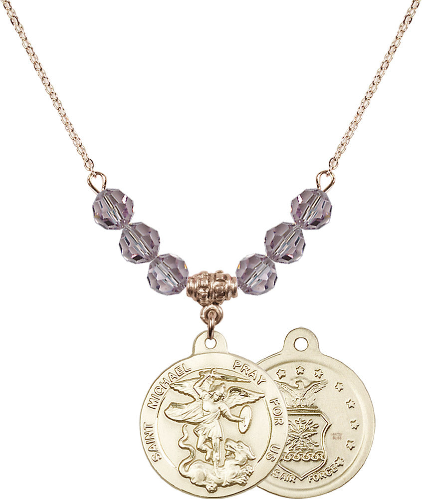 14kt Gold Filled Saint Michael / Air Force Birthstone Necklace with Light Amethyst Beads - 0342