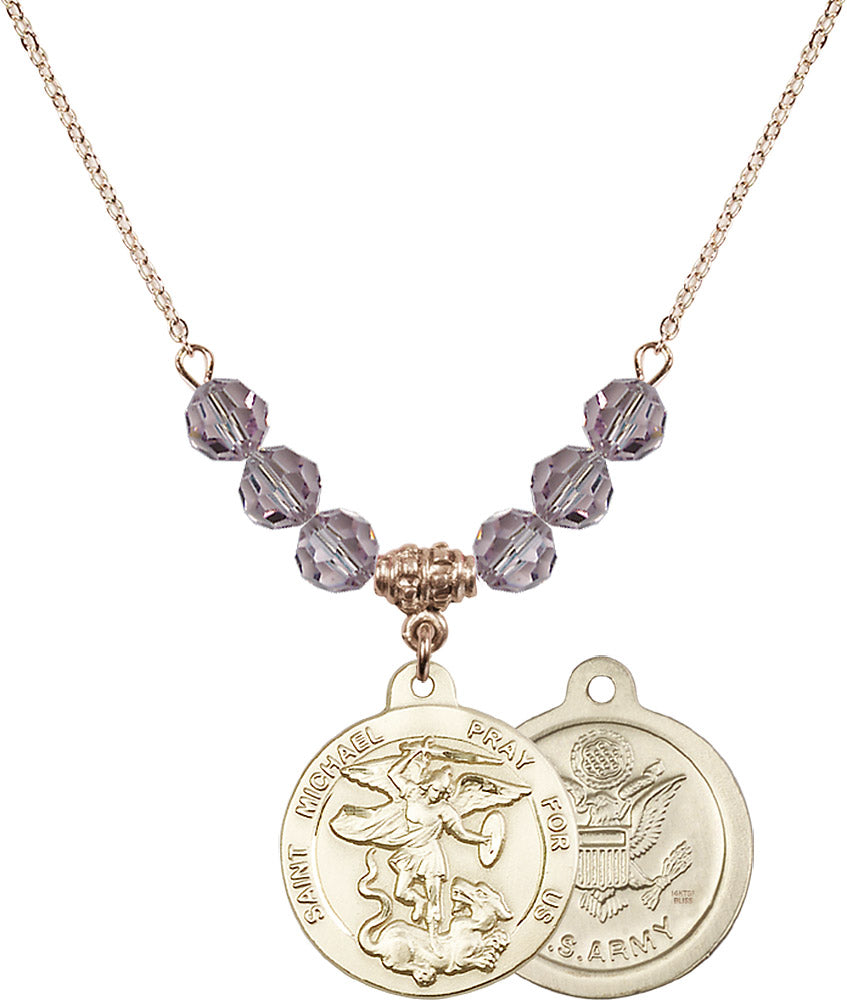 14kt Gold Filled Saint Michael / Army Birthstone Necklace with Light Amethyst Beads - 0342