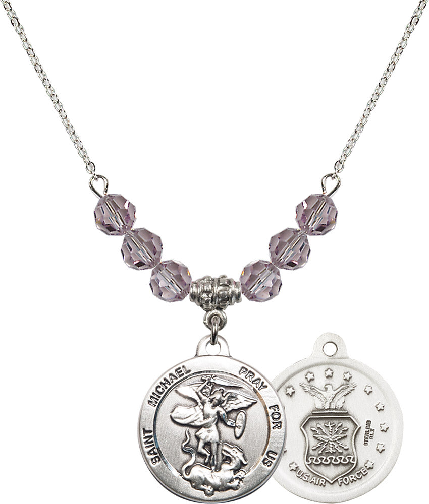 Sterling Silver Saint Michael / Air Force Birthstone Necklace with Light Amethyst Beads - 0342
