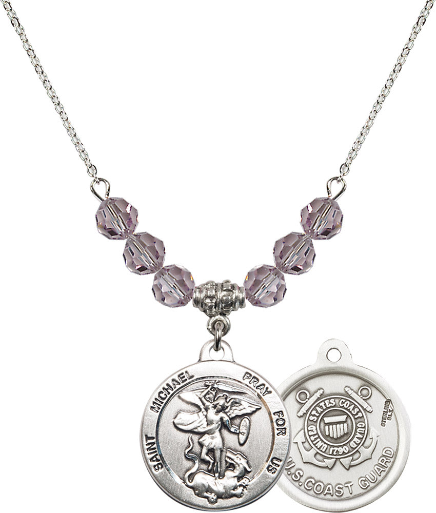 Sterling Silver Saint Michael / Coast Guard Birthstone Necklace with Light Amethyst Beads - 0342