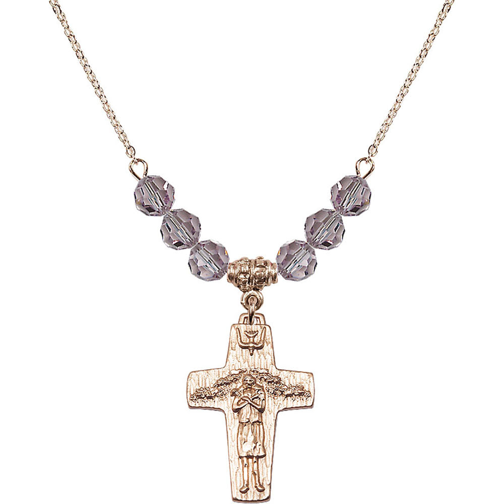 14kt Gold Filled Papal Crucifix Birthstone Necklace with Light Amethyst Beads - 0569