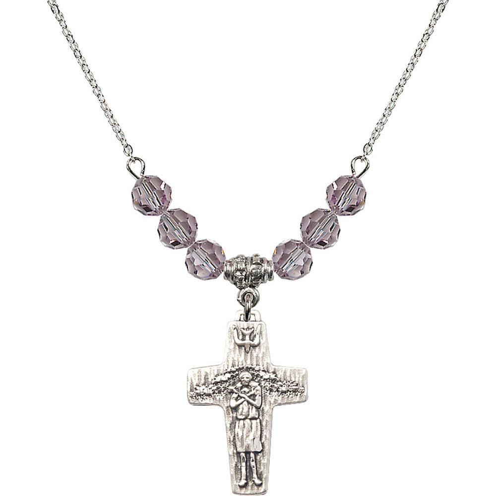 Sterling Silver Papal Crucifix Birthstone Necklace with Light Amethyst Beads - 0569