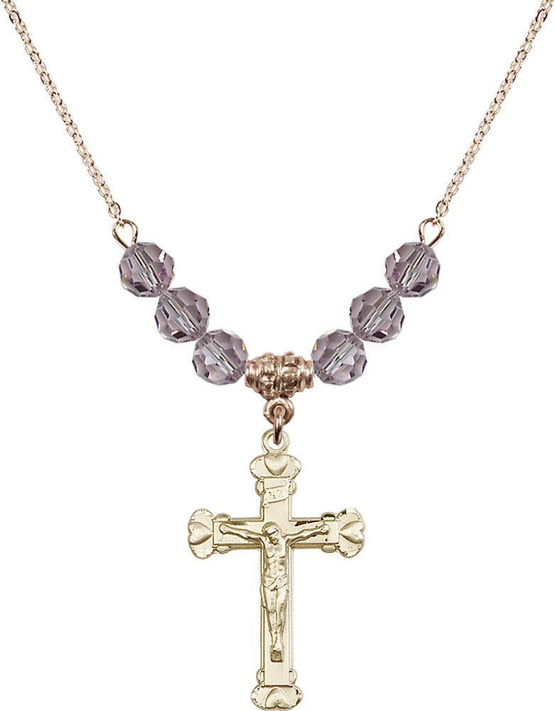 14kt Gold Filled Crucifix Birthstone Necklace with Light Amethyst Beads - 0620