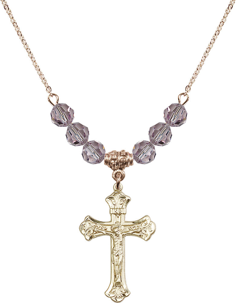 14kt Gold Filled Crucifix Birthstone Necklace with Light Amethyst Beads - 0622