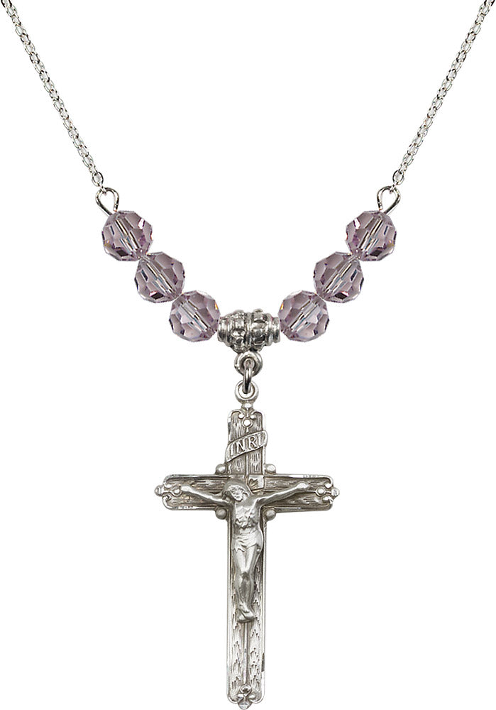 Sterling Silver Crucifix Birthstone Necklace with Light Amethyst Beads - 0655