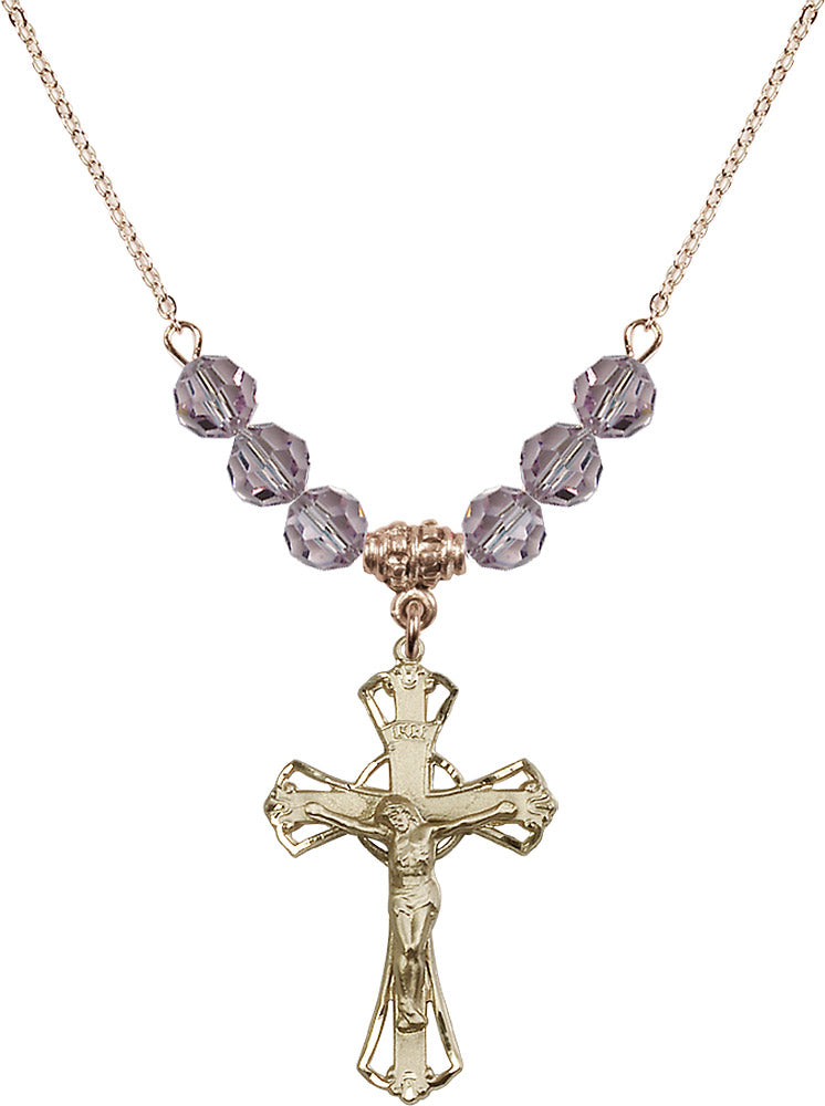 14kt Gold Filled Crucifix Birthstone Necklace with Light Amethyst Beads - 0659