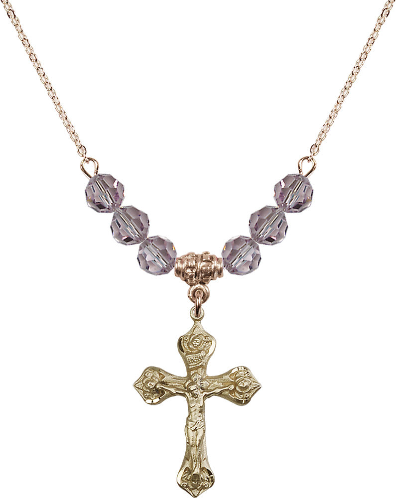 14kt Gold Filled Crucifix Birthstone Necklace with Light Amethyst Beads - 0662