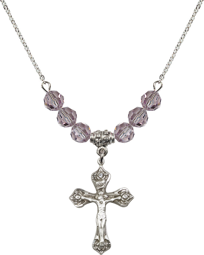 Sterling Silver Crucifix Birthstone Necklace with Light Amethyst Beads - 0662