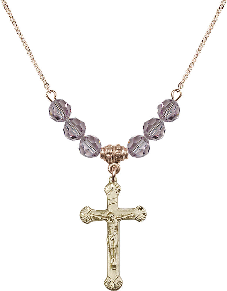 14kt Gold Filled Crucifix Birthstone Necklace with Light Amethyst Beads - 0664