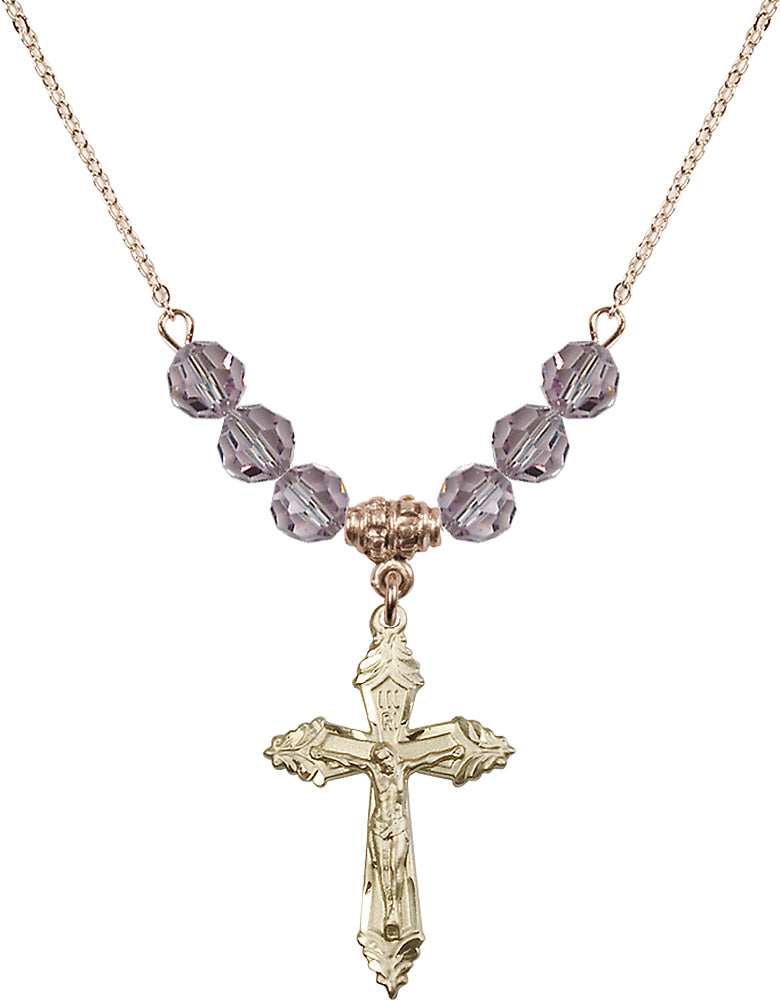14kt Gold Filled Crucifix Birthstone Necklace with Light Amethyst Beads - 0665