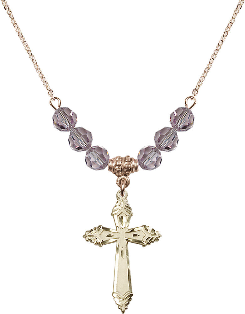 14kt Gold Filled Cross Birthstone Necklace with Light Amethyst Beads - 0665