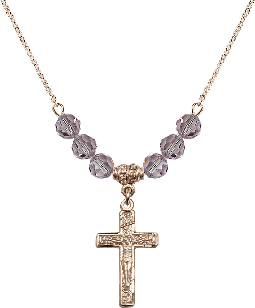 14kt Gold Filled Crucifix Birthstone Necklace with Light Amethyst Beads - 0673