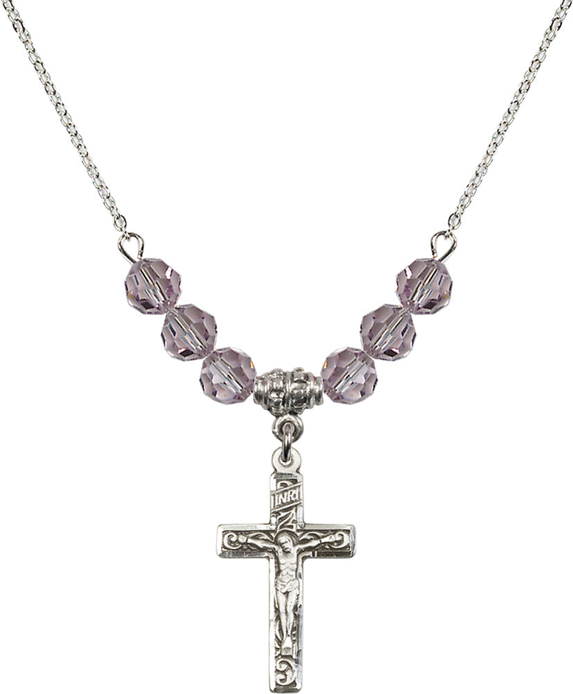 Sterling Silver Crucifix Birthstone Necklace with Light Amethyst Beads - 0673