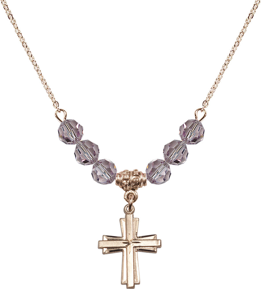 14kt Gold Filled Cross Birthstone Necklace with Light Amethyst Beads - 0675