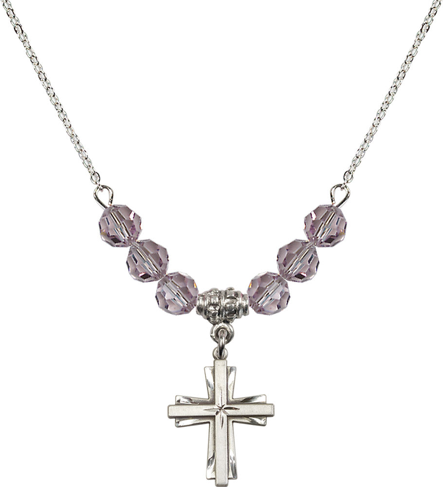 Sterling Silver Cross Birthstone Necklace with Light Amethyst Beads - 0675