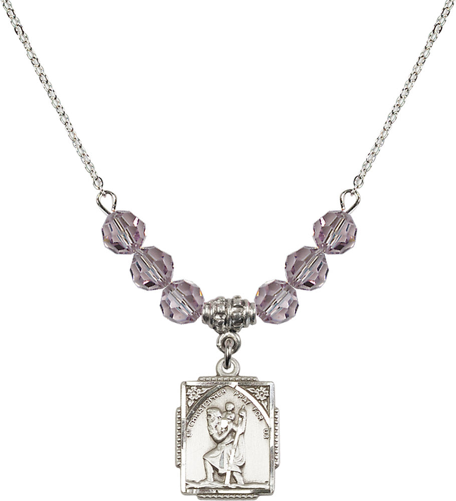 Sterling Silver Saint Christopher Birthstone Necklace with Light Amethyst Beads - 0804