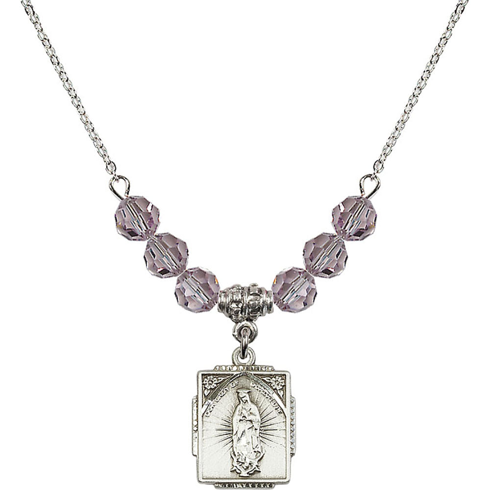 Sterling Silver Our Lady of Guadalupe Birthstone Necklace with Light Amethyst Beads - 0804